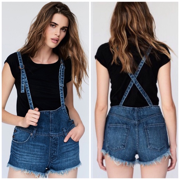 Free People Denim - New Free People Strappy Short Denim Overalls